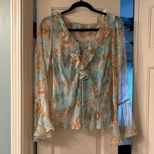 Ice Floral Ruffle Blouse - Teal and Orange